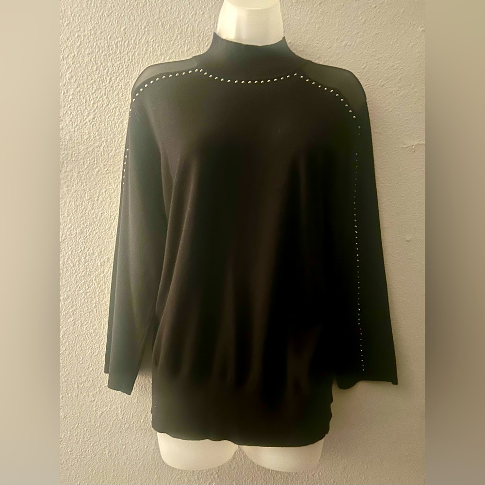 Cable & Gauge Black Sheer Studded Shoulder Sweater Size XL